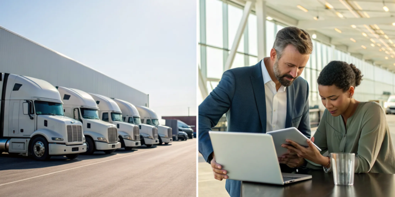 Professionals discuss accounts receivable financing for trucking with semi-trucks parked at a warehouse.