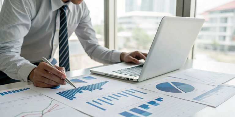 A person analyzing business assets on a laptop to understand how asset-based lending works.