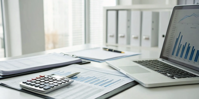Laptop and calculator on a desk with charts explaining how invoice discounting works for cash flow.