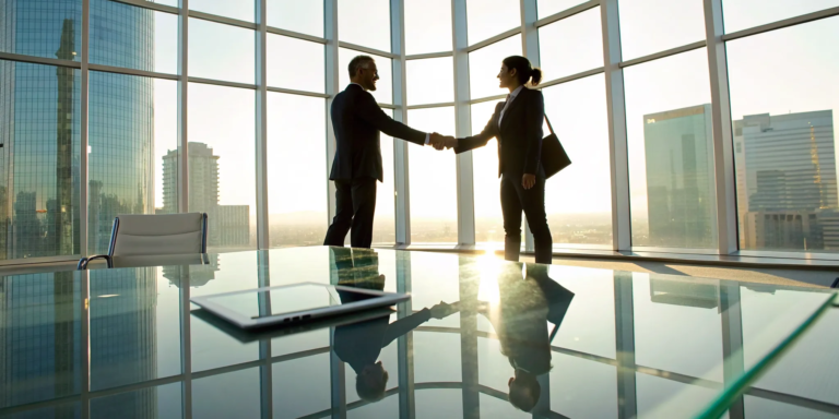 Two professionals shake hands, securing a business line of credit without collateral.