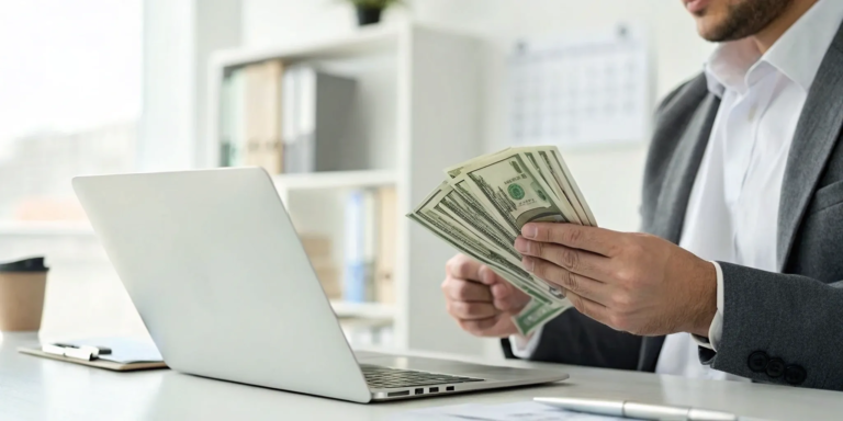 Same-Day Business Loan: How to Apply & Qualify 10 Businessman at his desk counting cash after getting a same day business loan.