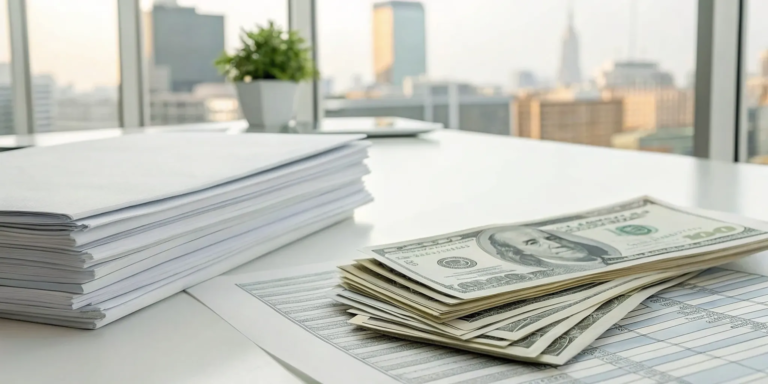 Cash received from selling unpaid invoices on a desk in New York City.