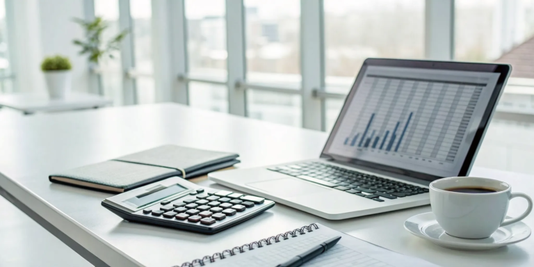 A laptop on a desk showing a business term loan calculator and financial charts.