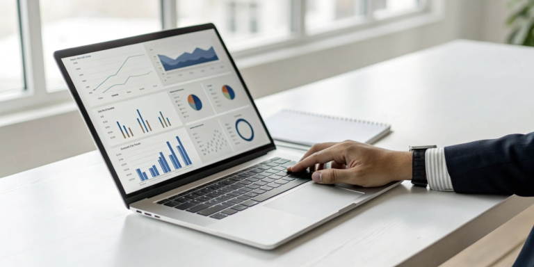 A person using an invoice discounting cost calculator on a laptop to analyze business finances.