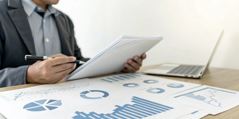 Businessman using a laptop to compare the pros and cons of invoice factoring vs. discounting.