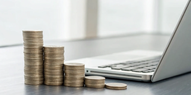 Unsecured Short-Term Loan: How Do They Work? 11 A laptop next to growing stacks of coins for a small business unsecured short-term loan.