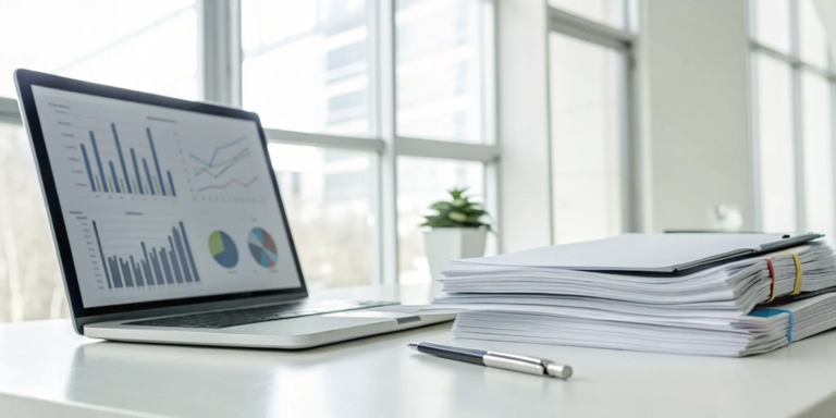 Laptop on a desk showing financial charts for a business applying for funding through Advancery.