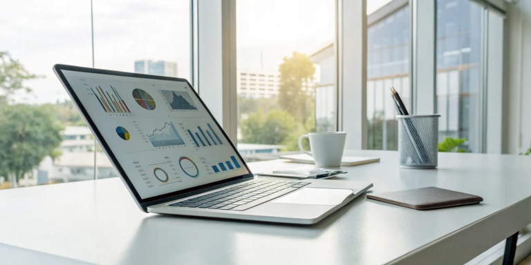 An equipment lease payment calculator on a laptop screen with charts showing payment options.