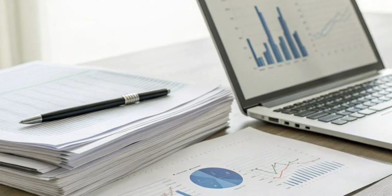 What is PO Financing? A Simple Guide to How It Works 6 A desk with a laptop, financial charts, and paperwork about what PO financing is.