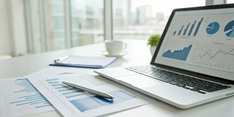 Trade Finance 101: The Ultimate Guide for SMBs 7 Laptop showing charts and graphs that explain what trade finance is.