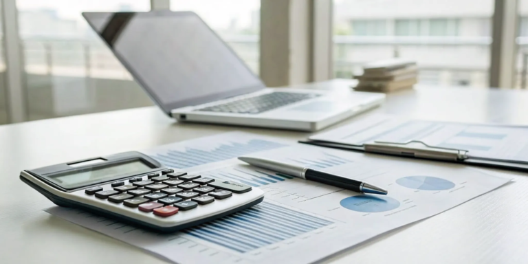 A calculator and laptop used to plan business line of credit payments.